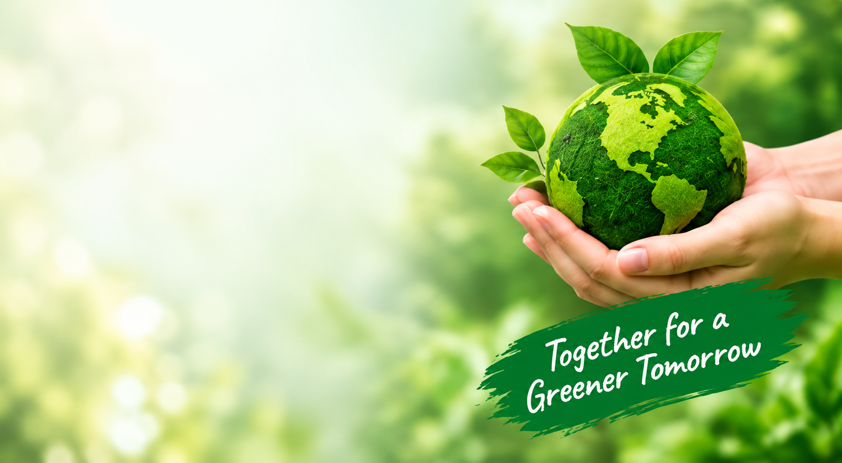 Hands holding a green planet with the message Together for a Greener Tomorrow